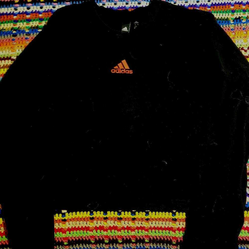 Adidas logo cropped boxy tee with rainbow lettering across the back